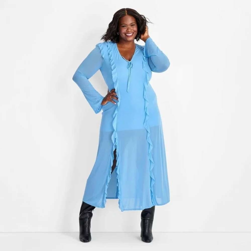 Future Collective Maxi Dress Women 1X Light Blue NWT Ruffle Mesh Long Sleeve